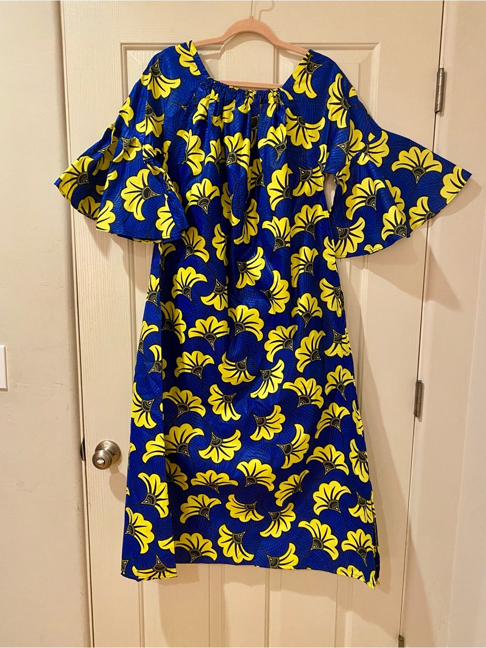 Women’s African Print Dress Blue + Yellow Floral Casual Dress. Sleeves are Bell